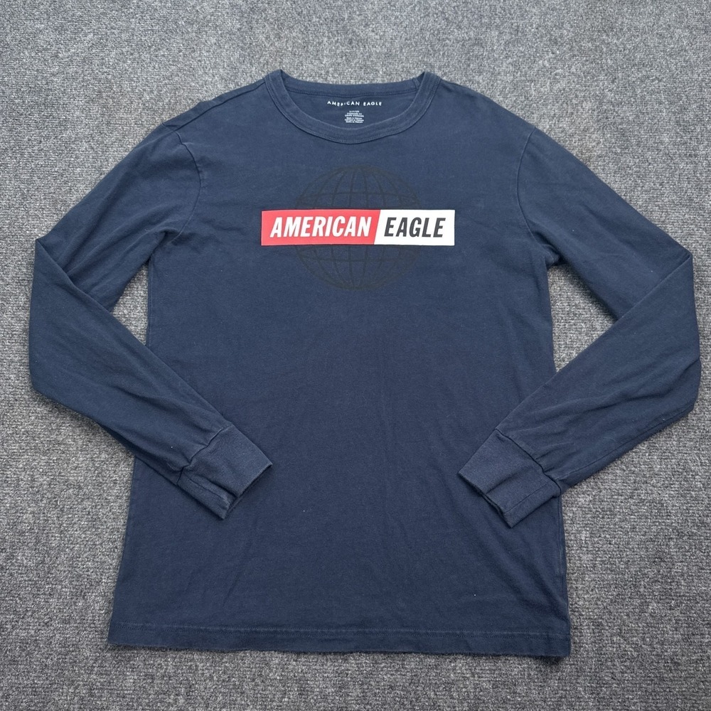 American‎ Eagle Long Sleeve T Shirt Mens Size Small Navy Blue Box Logo Tee